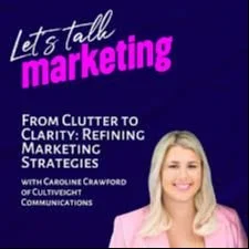 Cover image for a marketing guide titled "Let's Talk Marketing" with a photo of a smiling blonde woman in a purple blazer.