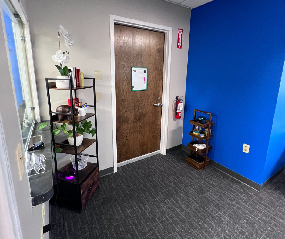 Brown door with a whiteboard, a fire extinguisher on the wall, a black shelving unit with plants and books, and a small wooden shelf with a blue ball and other items in a room with gray and blue walls and gray carpet.