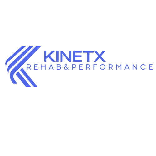Kinetx Rehab & Performance logo with blue and black text and design elements.