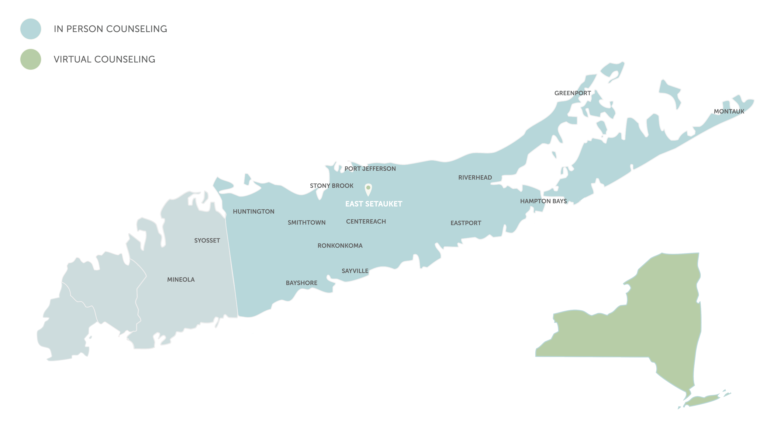 Map of Long Island showing locations of in person and virtual counseling services. In person counseling is marked in light blue and virtual counseling in light green. Locations include East Setauket, Port Jefferson, Riverhead, Suffolk, Montauk, and others.