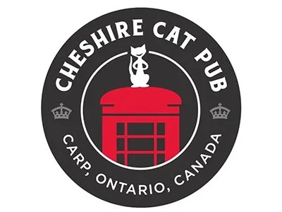 Logo of Cheshire Cat Pub, featuring a cat sitting on top of a red British-style phone booth, with text indicating location in Carp, Ontario, Canada.