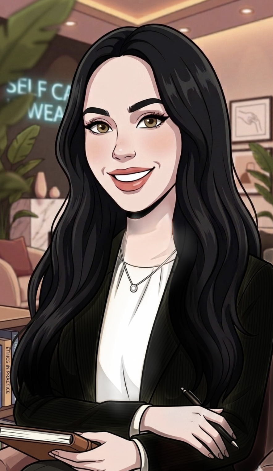 Digital illustration of a woman with long black hair, green eyes, wearing a green blazer and white top, smiling in a bright room with shelves and green plants in the background.