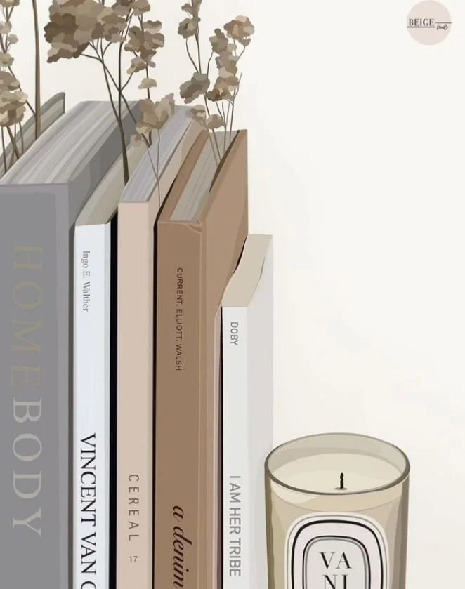 Illustration of a woman with dark hair in a bun holding a large stack of books covering her face.