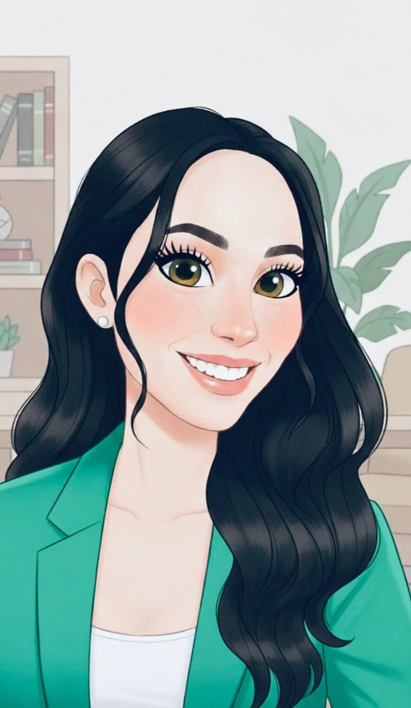 Digital illustration of a woman with long black hair, green eyes, wearing a green blazer and white top, smiling in a bright room with shelves and green plants in the background.