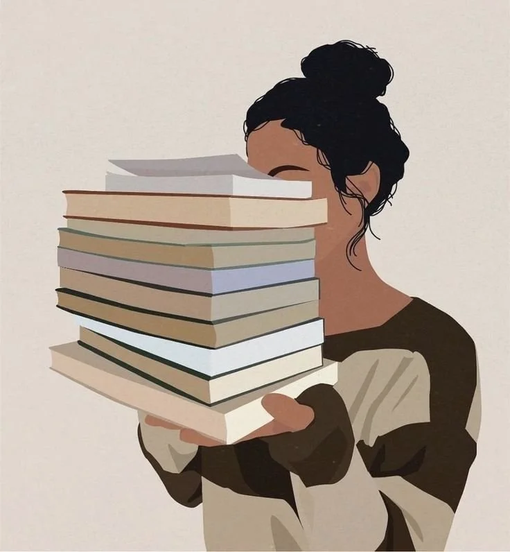 Illustration of a woman with dark hair in a bun holding a large stack of books covering her face.