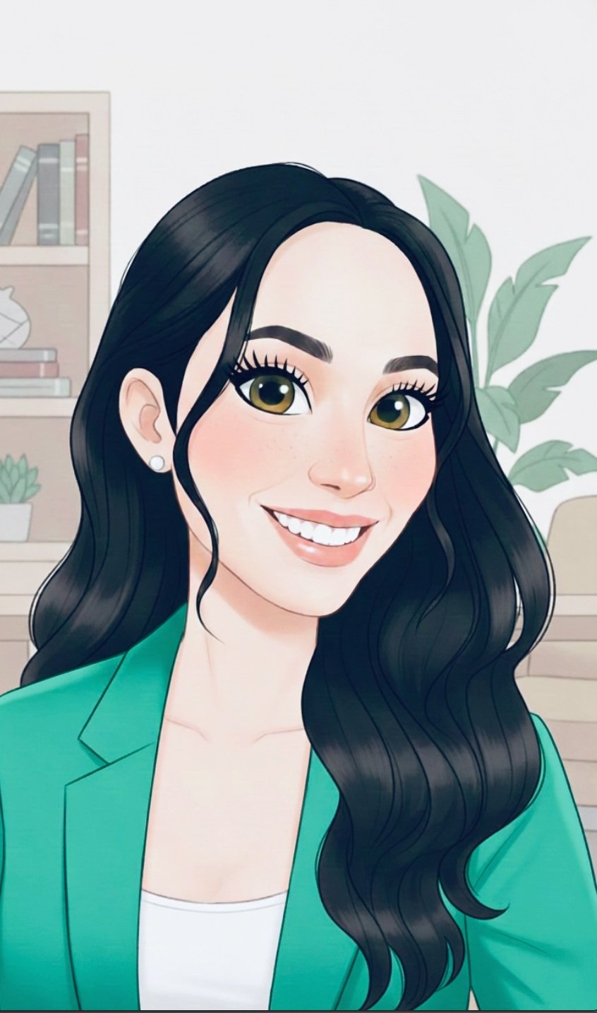 Digital illustration of a smiling woman with long black hair, wearing a green blazer and white top, in a room with a bookshelf and a potted plant in the background.