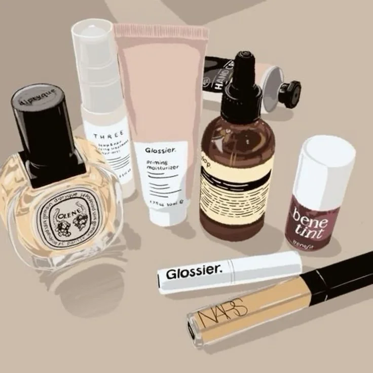 Collection of skincare and beauty products, including perfume, moisturizer, facial oil, serum, tinted balm, concealer, and foundation.