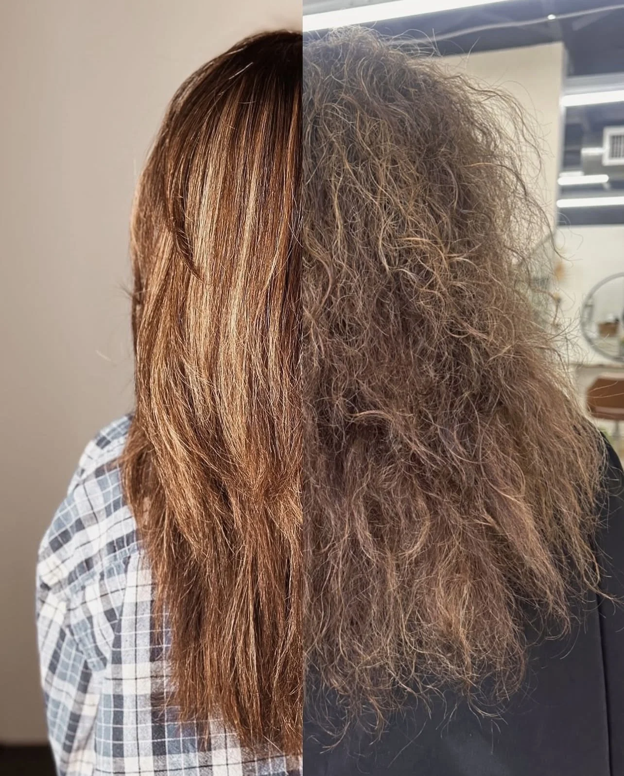 A side-by-side comparison of a woman's hair before and after hair styling or treatment. The left side shows smooth, straight, shiny auburn hair, while the right side shows frizzy, curly, unstyled hair.
