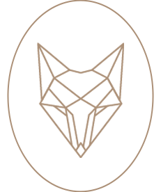 Minimalist geometric fox face outline inside an oval border.