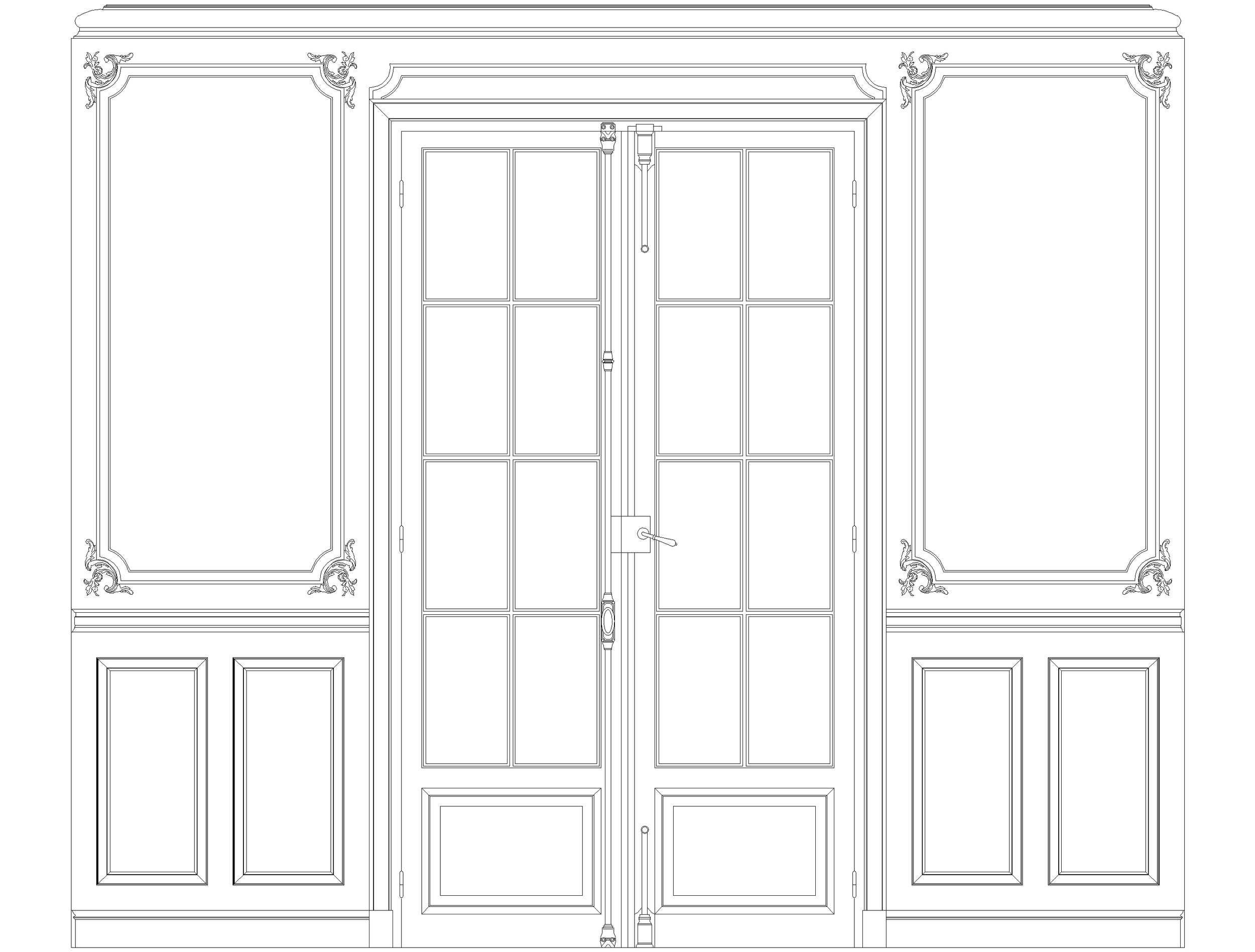 Une porte en verre avec cadre en bois, entourée de moulures décoratives en style classique, avec des panneaux en bois sculpté sur le mur.