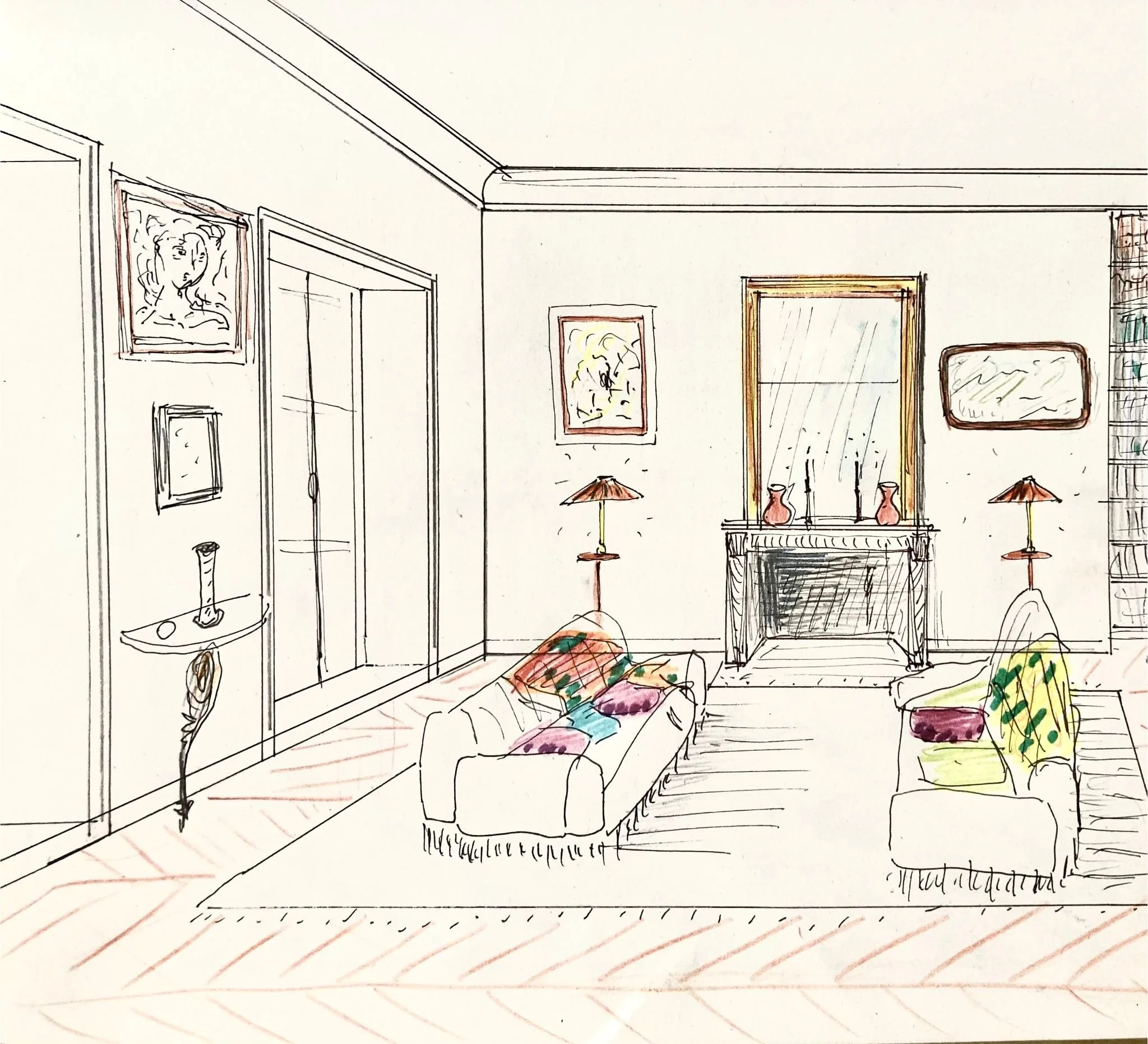 Dessin d'un salon avec deux canapés, lampes, tableaux, cheminée et bibliothèque.