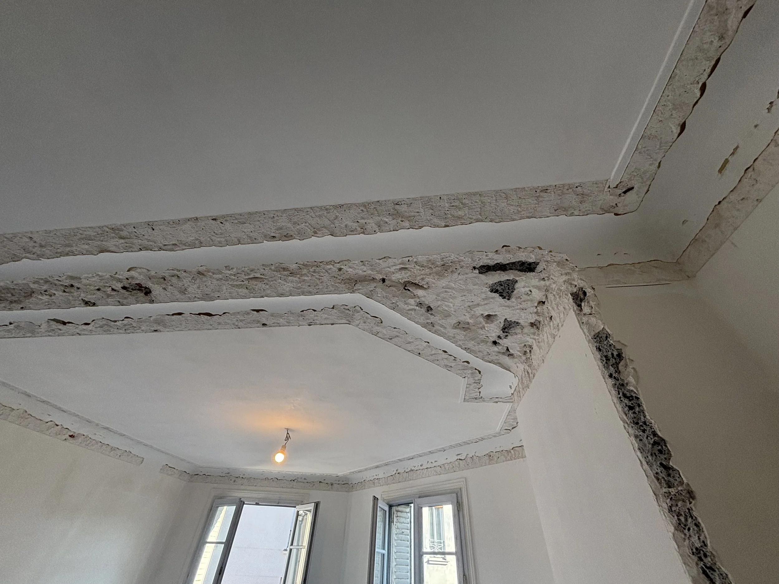 Travaux de rénovation avec des sections de plafond en cours de démolition, montrant des bandes de plâtre enlevées et des débris, dans une pièce avec fenêtres ouvertes.