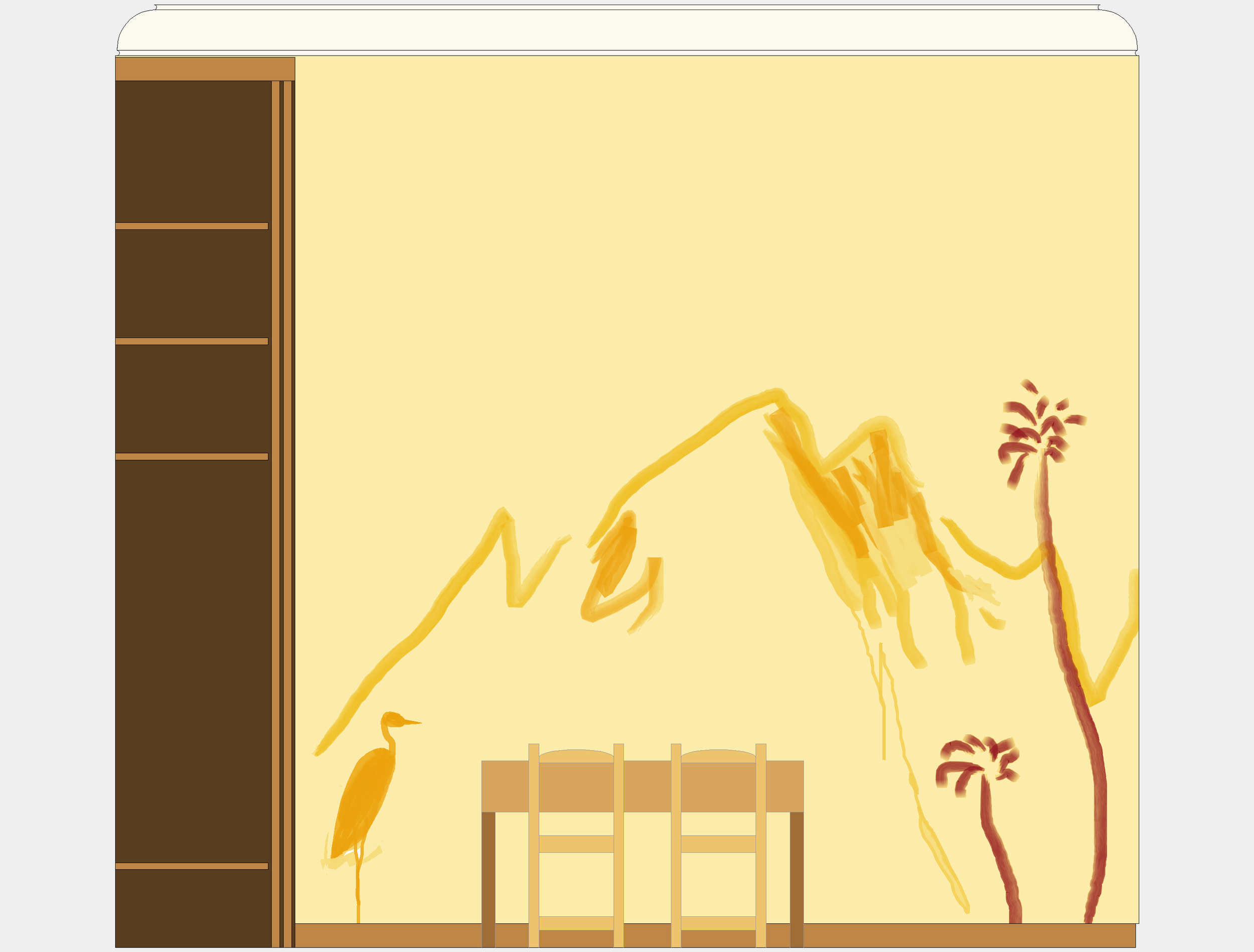 Mur décoratif avec dessin de montagnes, deux palmiers, et un oiseau, avec une étagère en bois à gauche