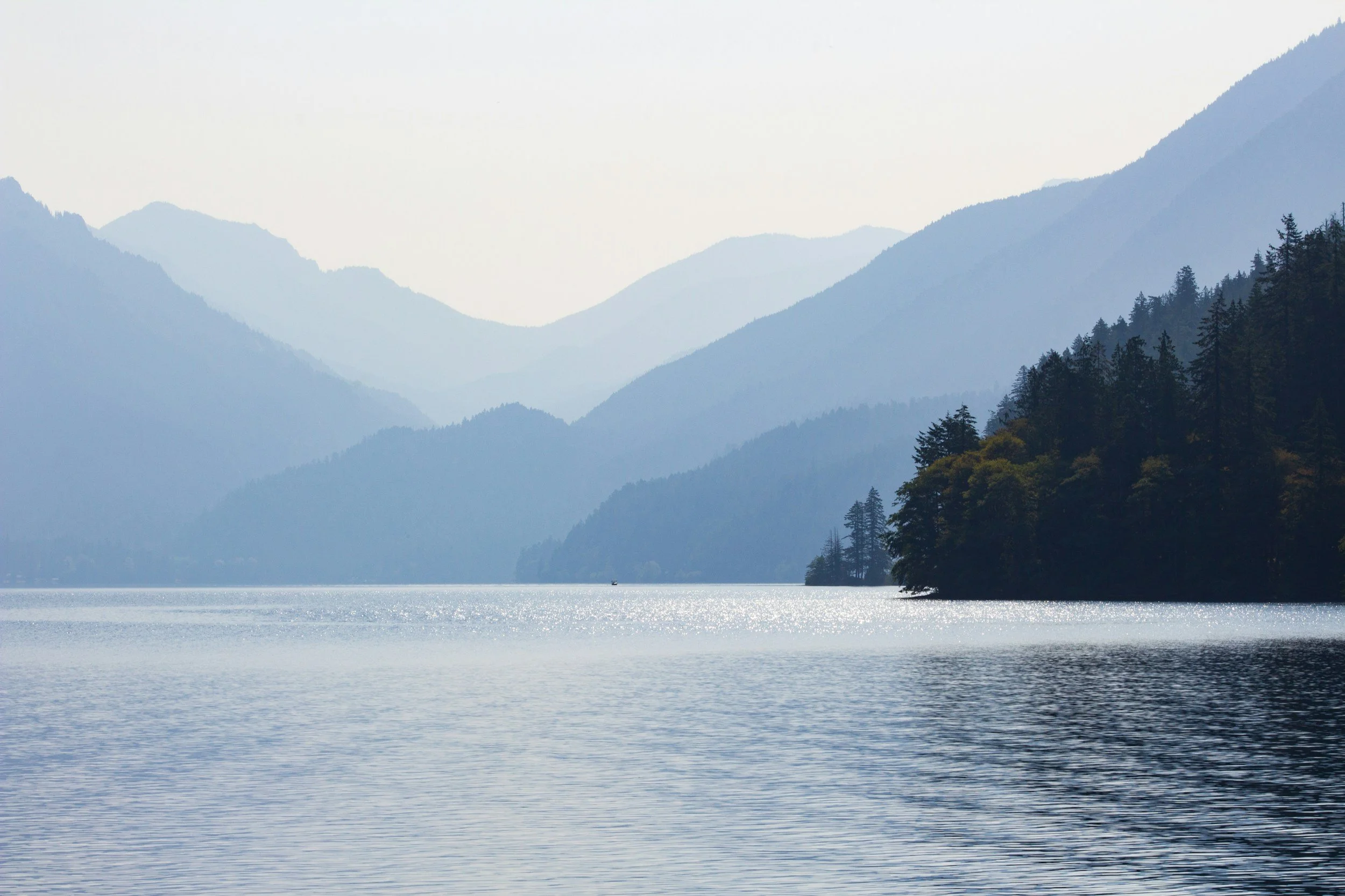 Scenic view of a lake with calm waters, surrounded by forested mountains that fade into the distance under a light sky.