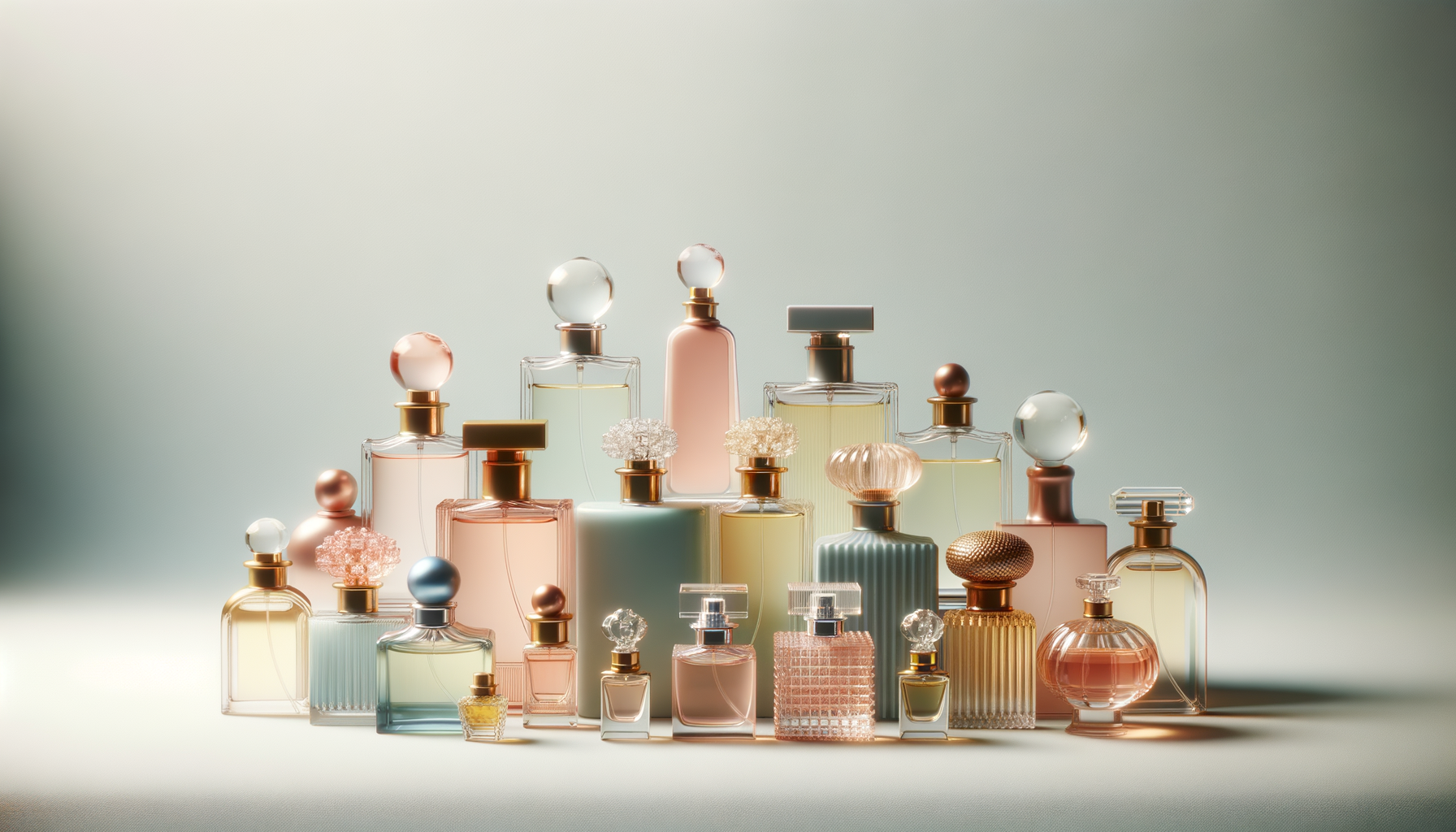 A collection of various perfume bottles in pastel colors and different shapes, with some decorative caps, arranged on a flat surface against a gradient background.