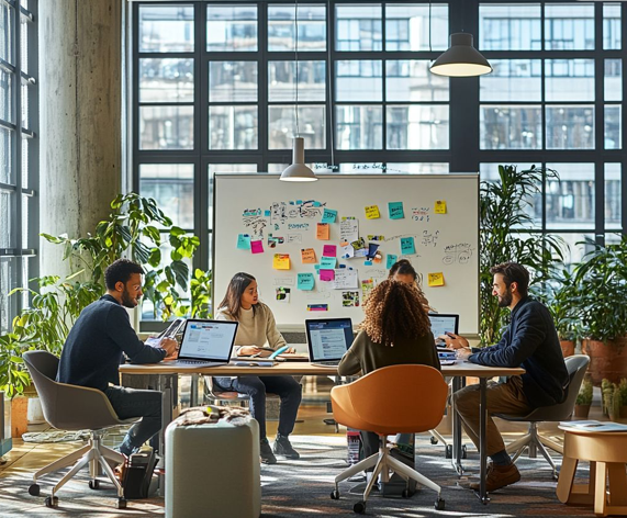 Team of five people working in a modern office with large windows, a whiteboard filled with sticky notes and diagrams, and potted plants.