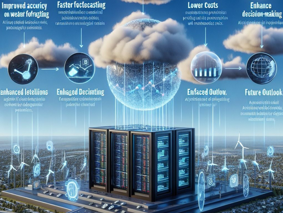 A digital cloud technology infographic showing benefits such as improved accuracy, faster forecasting, lower costs, enhanced decoding, enhanced predictions, and future outlook, with icons and a server rack in the foreground.
