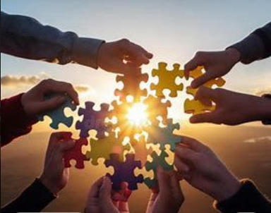 Digital illustration of artificial intelligence connected to data analytics, with wind turbines and city skyline at sunset in the background.