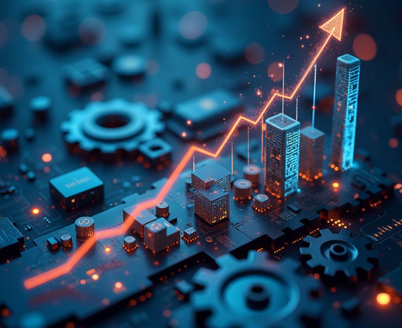 Futuristic digital illustration of ascending skyscrapers with a rising line graph, symbolizing growth and technology.