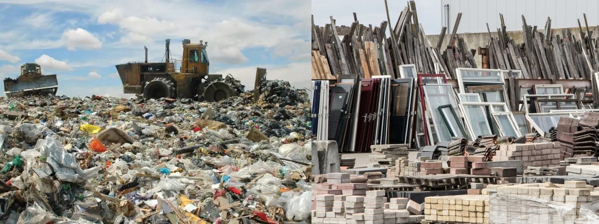 Construction site with wood planks, window frames, bricks, and tiles stacked in an outdoor area.