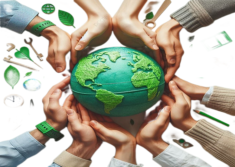 Multiple hands holding a globe-shaped eco-friendly Earth model surrounded by various environmentally-friendly items.