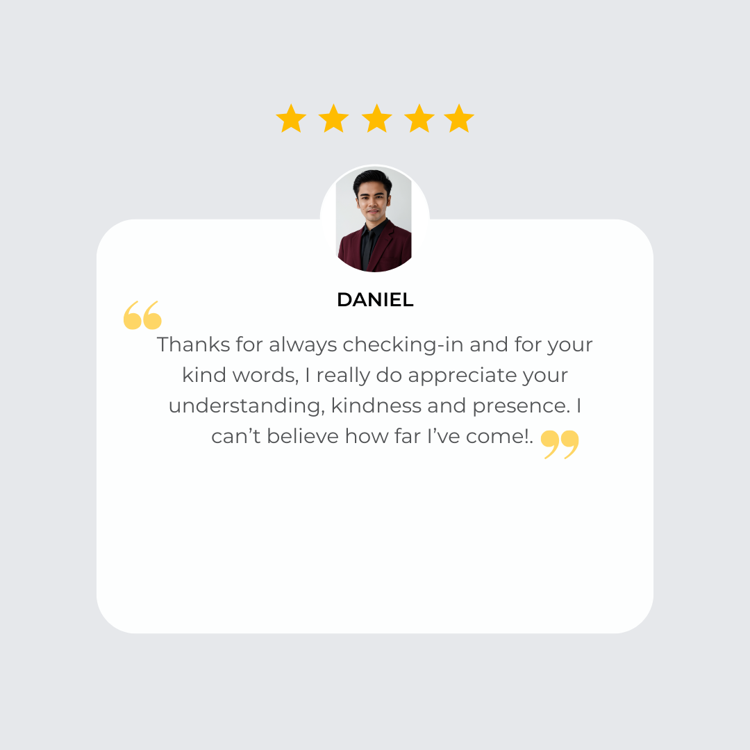 A testimonial card featuring a man's photo, five gold stars, and a positive review message.