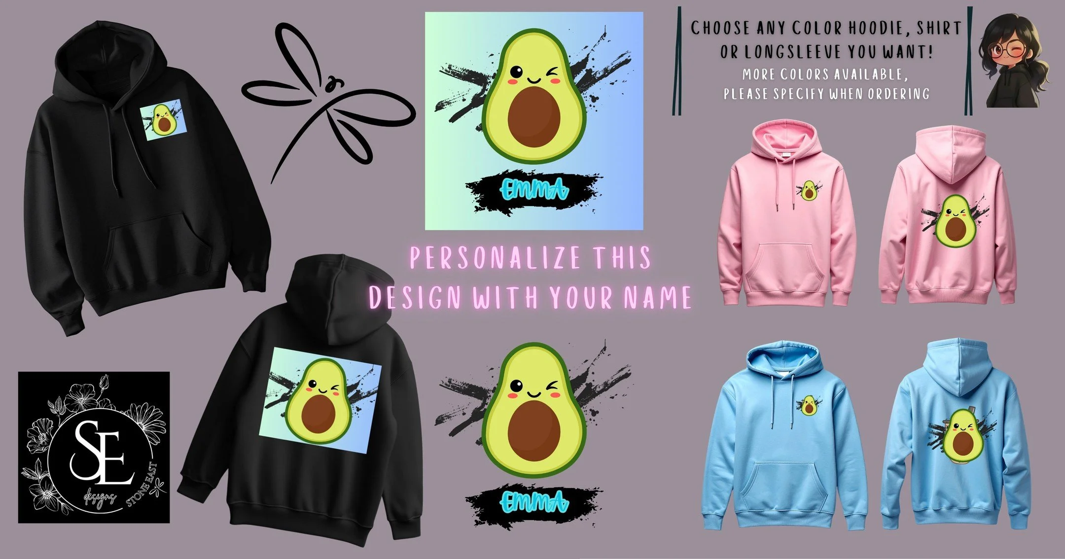 Kawaii avocado design!

Go to: www.stoneeastdesigns.com
to order and custom yours now! :)