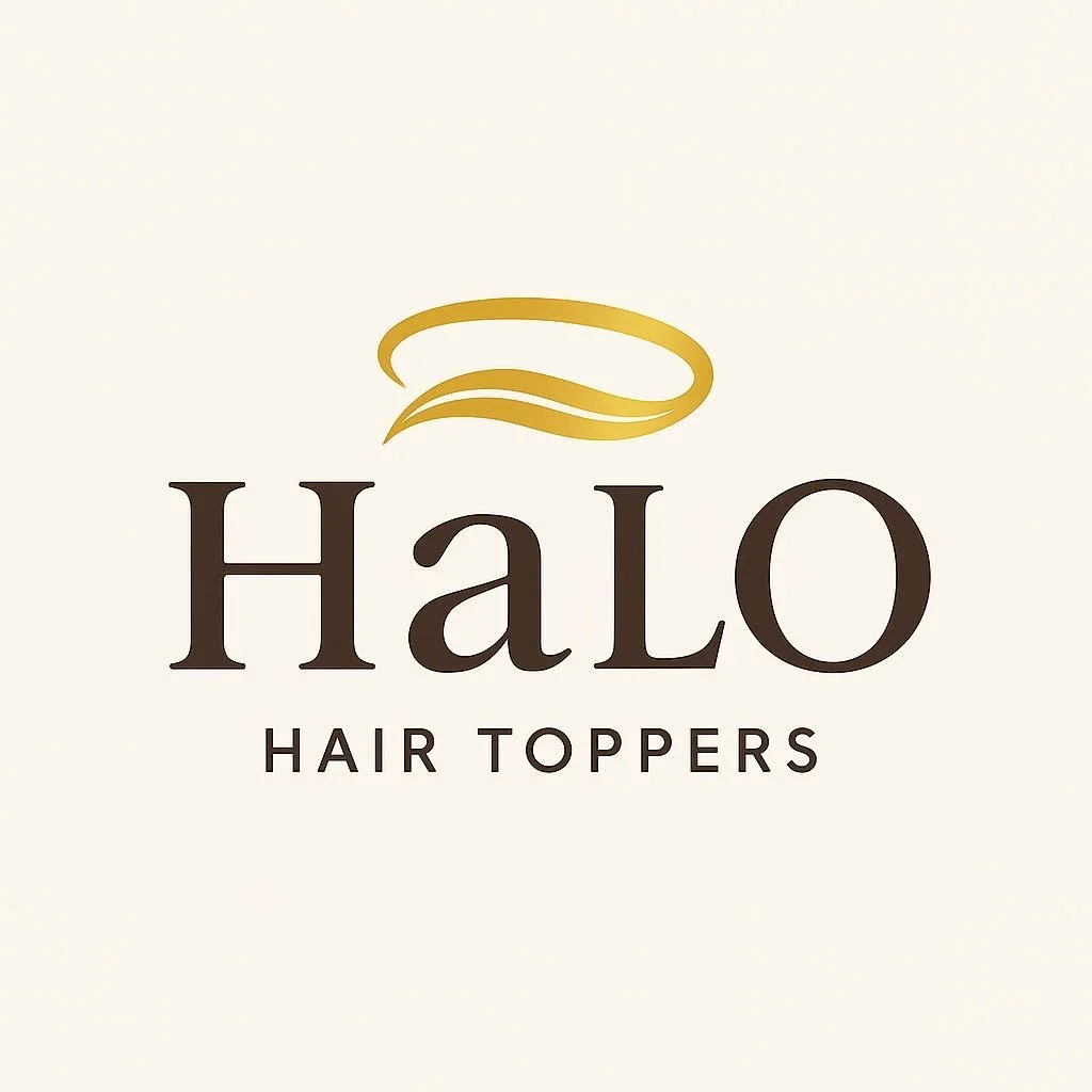 Logo for Halo Hair Toppers with the brand name and a gold swirl above the text.