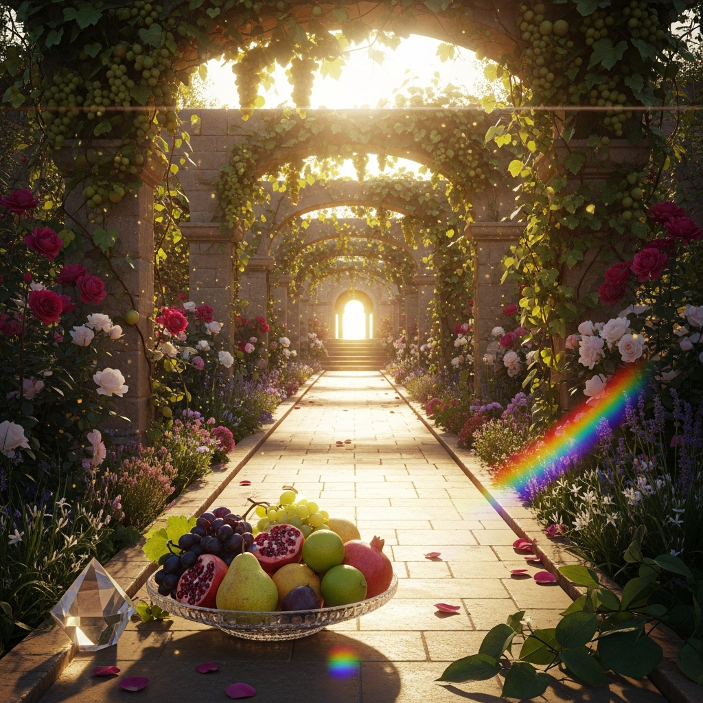 A garden pathway lined with colorful flowers under a series of stone archways, illuminated by sunlight. A fruit bowl with grapes, pomegranates, apples, and pears is on the path, along with a crystal prism and rainbow light effects.