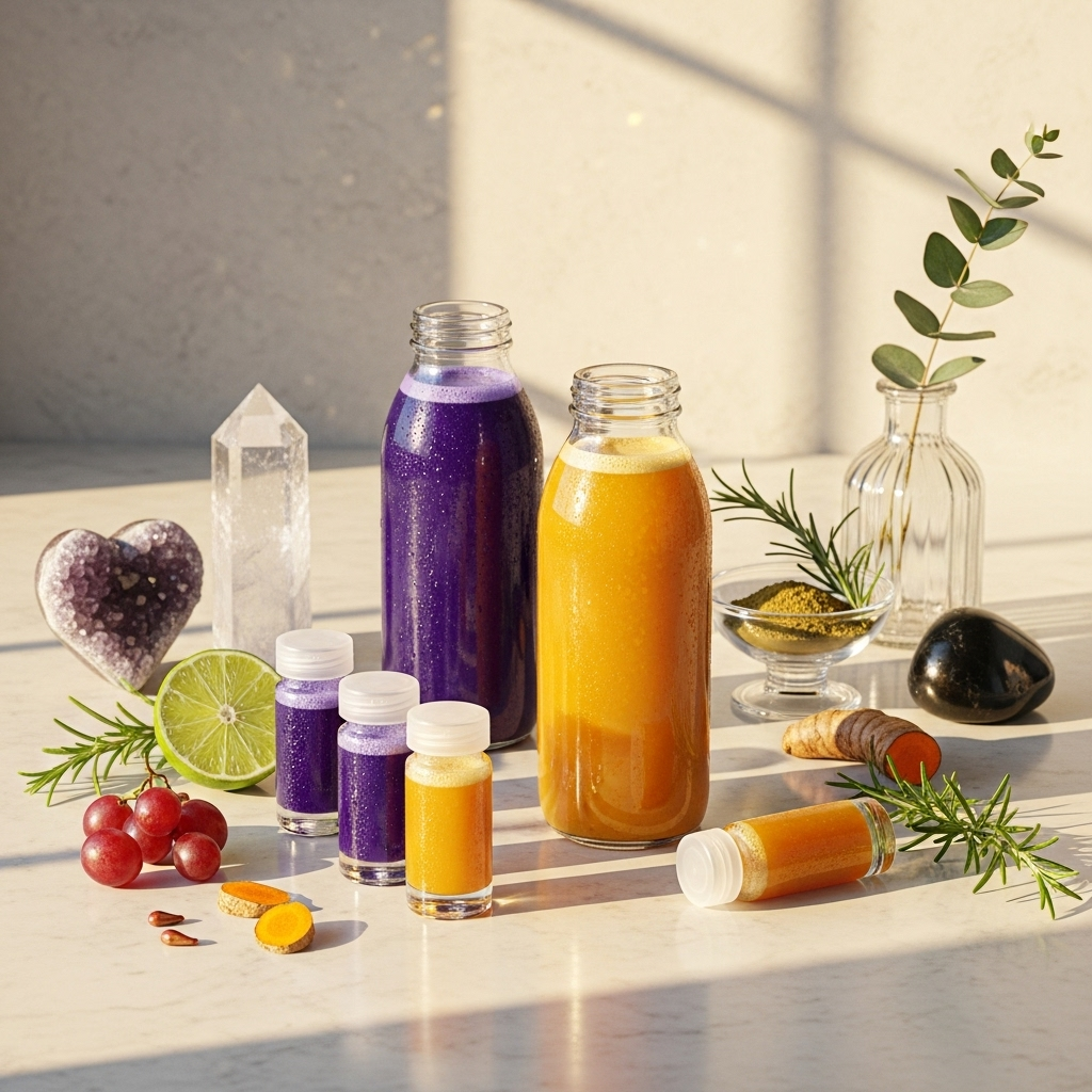 Assorted colorful bottles, herbs, fruits, crystals, and supplements arranged on a white surface with sunlight and shadows.