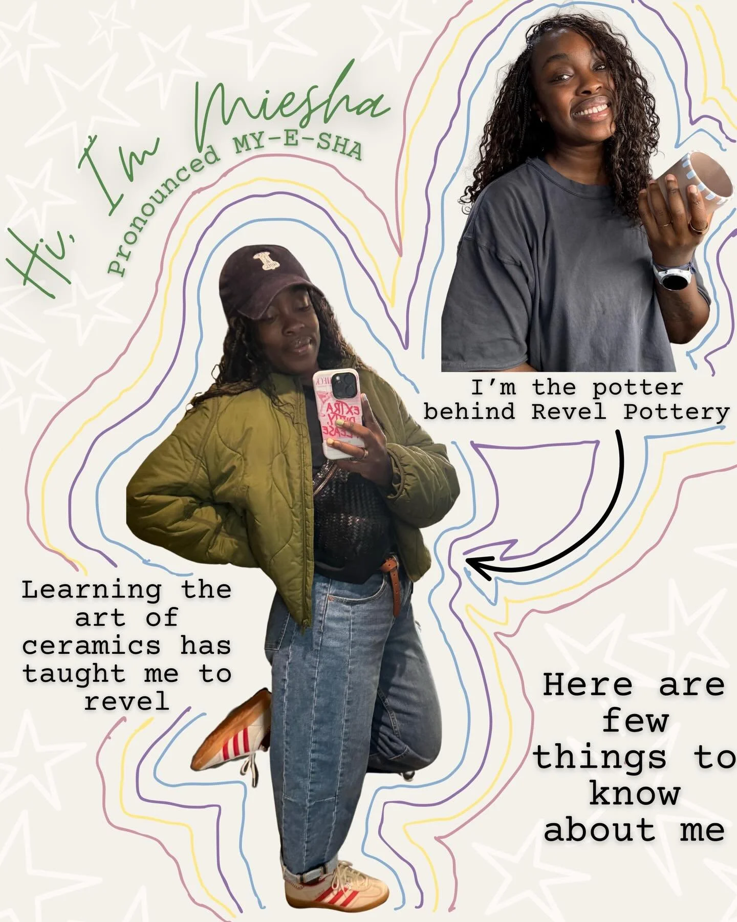 Hey! I have a few new peeps here so let me introduce myself: I&rsquo;m Miesha 👋🏾
I&rsquo;ve been doing pottery for 2 years. I&rsquo;ve fallen in love with the process and it was brought me so much joy. I want my pieces to be joyous expression of li