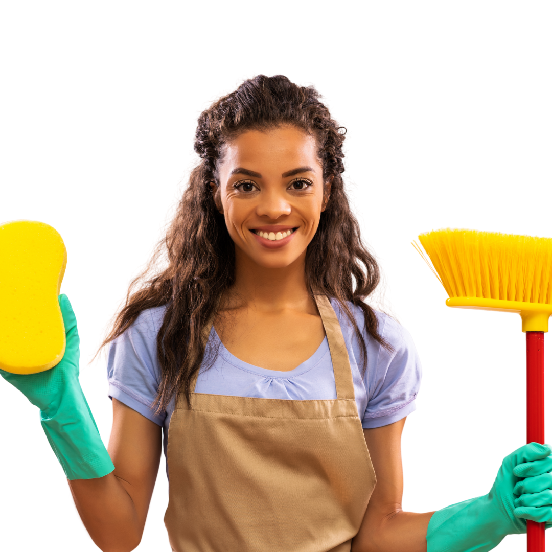 Woman smiling in cleaning gloves holding a sponge and a broom.