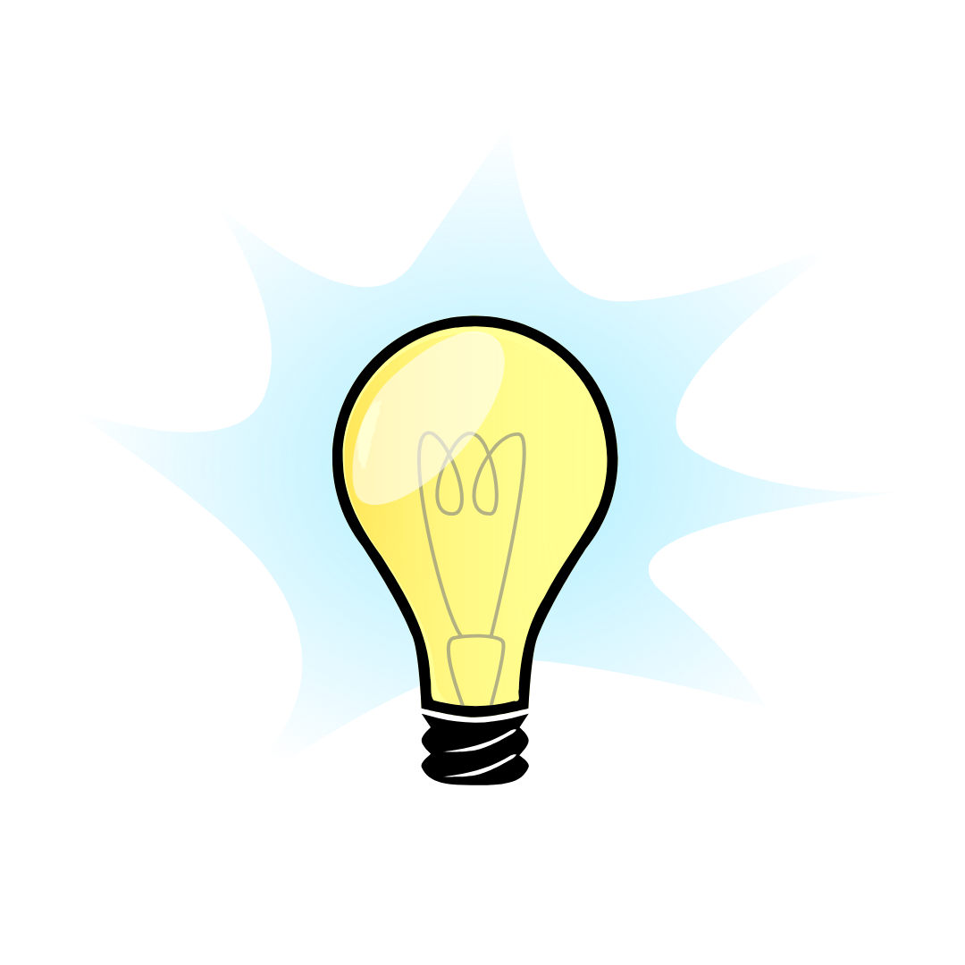 Illustration of a yellow light bulb emitting light, with a light blue starburst background.
