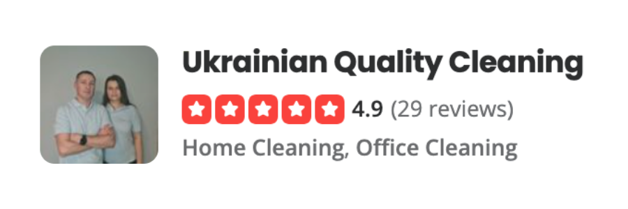 Logo for a professional cleaning service featuring a photo of a man and woman standing with crossed arms, with text overlay including the company's name and contact information.