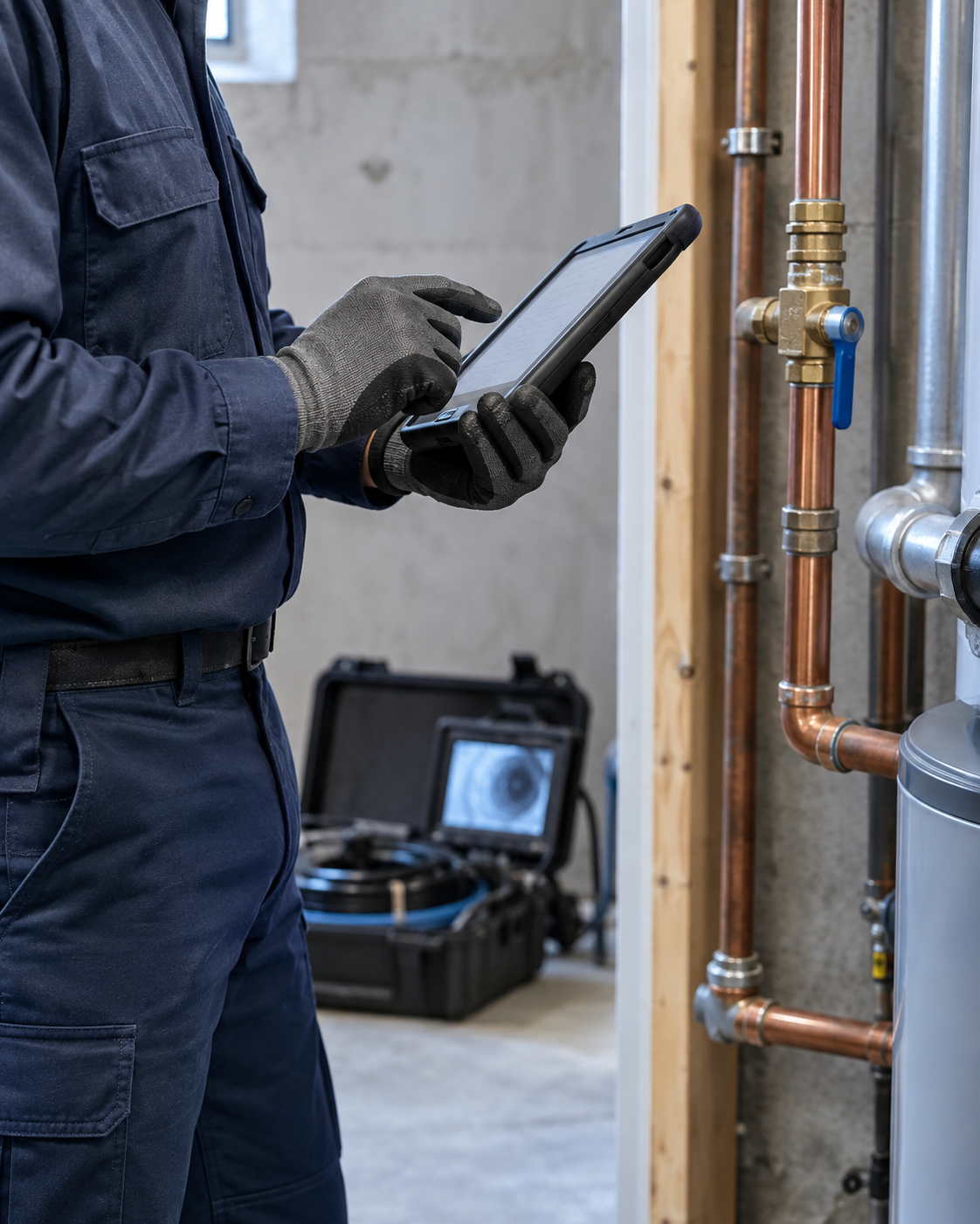 A2 Plumbing technician documenting a plumbing service request beside copper water lines and sewer camera equipment