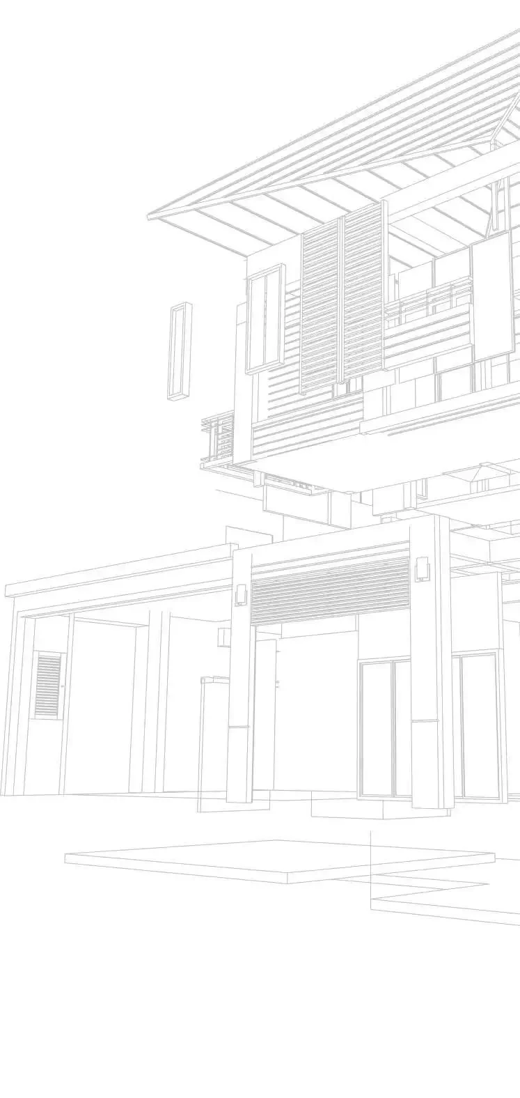 Line drawing of a modern two-story house with large windows and distinct architectural features.