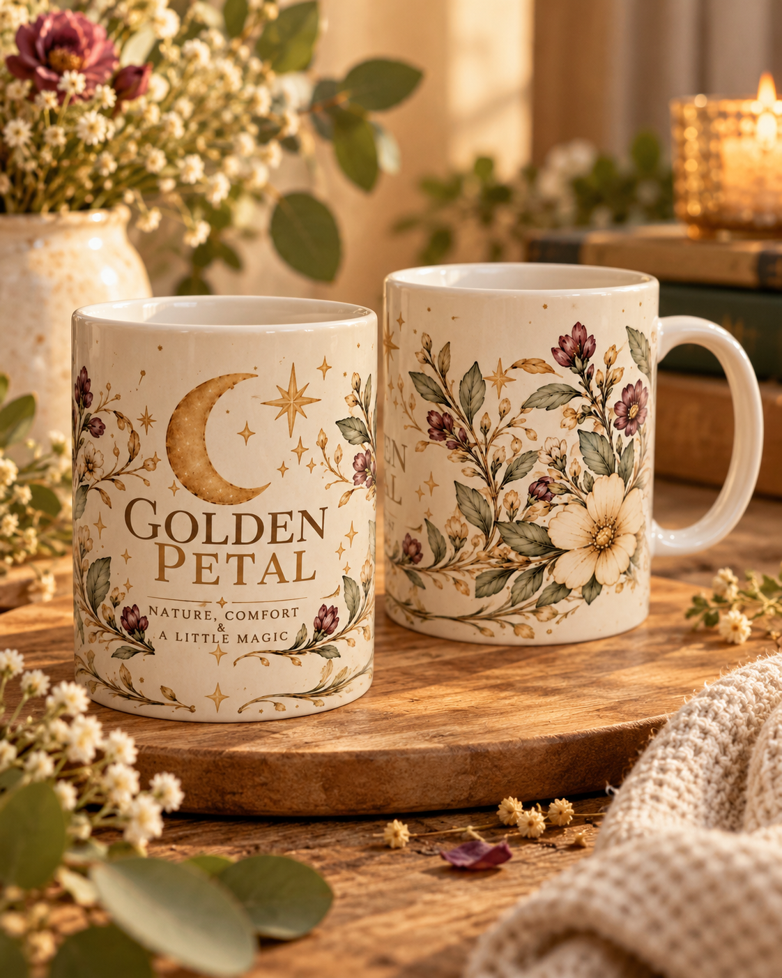 Golden Petal Signature Mug – 15 oz Botanical & Celestial Coffee Mug