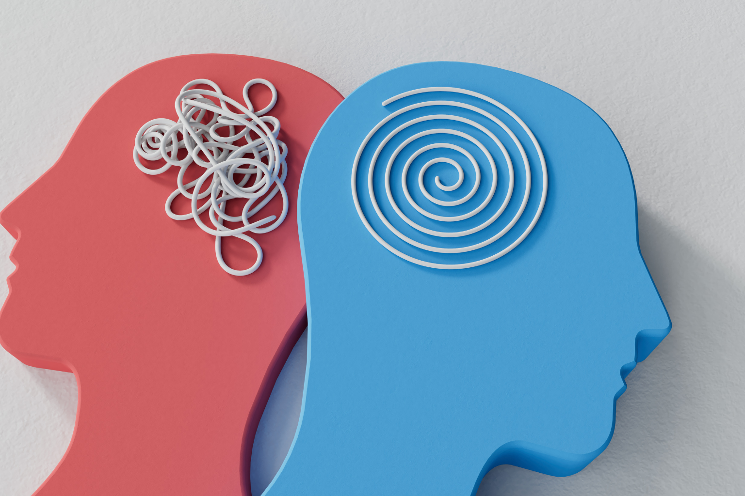 Illustration of two human profiles with interconnected minds, one in pink with a tangled line representing confusion or clutter, and the other in blue with a spiral indicating focus or clarity.