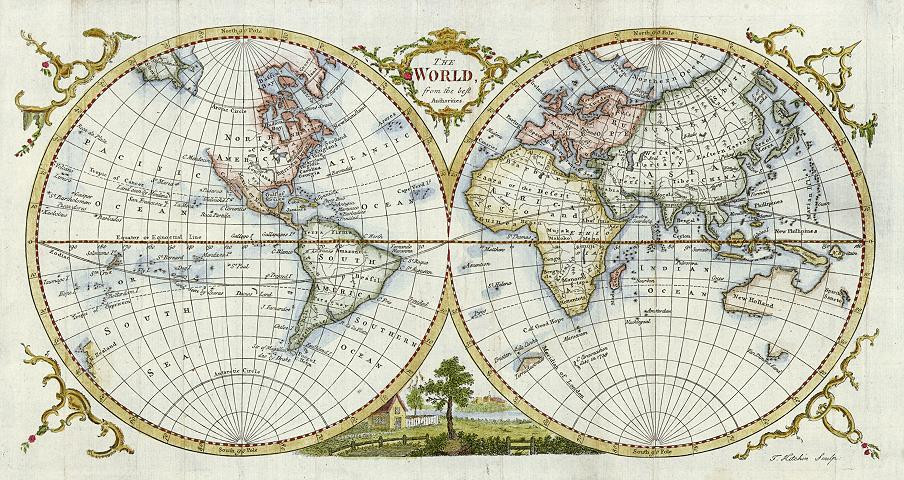 An antique double-hemisphere world map with decorative gold ornate borders, showing detailed continents and oceans, and a small landscape scene at the bottom center.