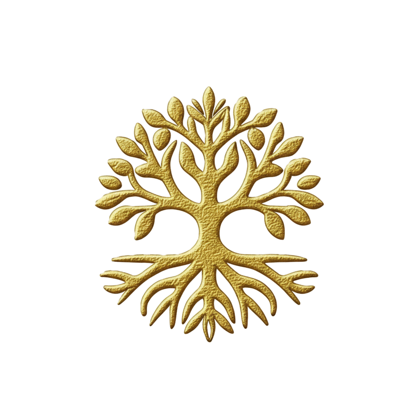 A gold-colored metal tree with intricate branches and leaves, featuring a symmetrical design.
