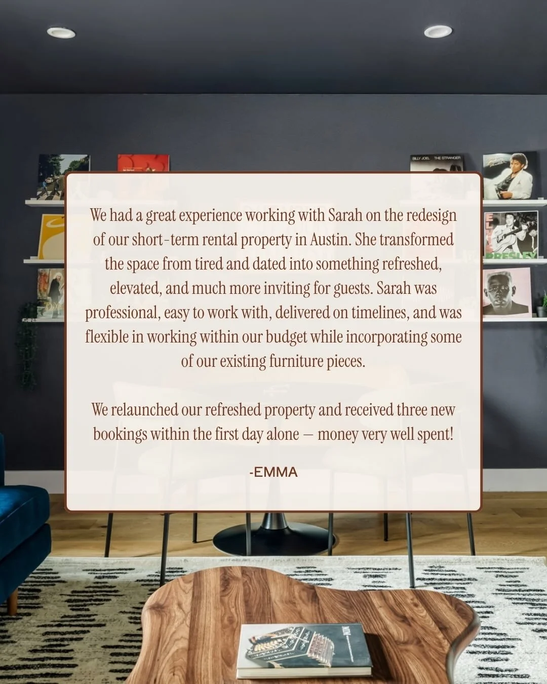 Newly relaunched, Emma's East Austin STR landed three new bookings on day one and now has 9 five-star reviews one month in🌟

She came to me with a tight budget and a property that wasn&rsquo;t performing. The previous design wasn&rsquo;t doing her a
