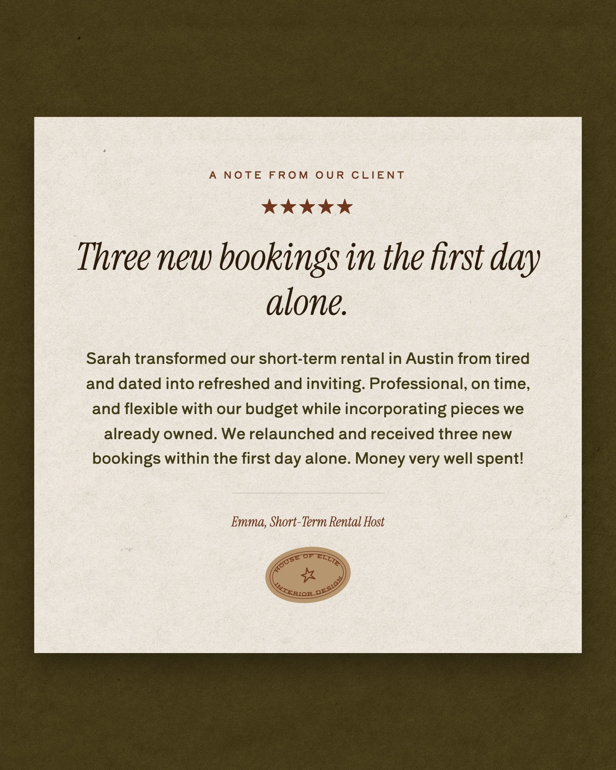 Three bookings on day one. Huge returns on investment, every time. A full design handled start to finish for out-of-state homeowners.

Your short-term rental is a business. Professional design treats it like one. Grateful for every client who trusts 