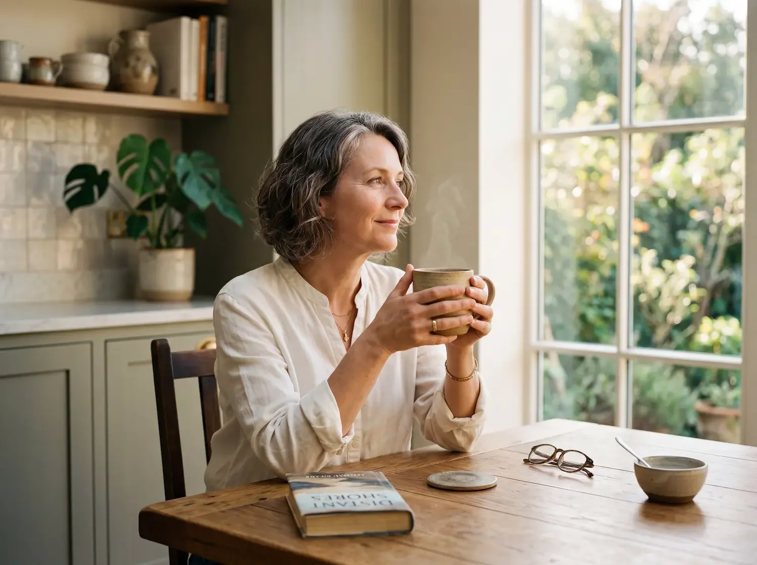 Woman in her mid-40s in a warmly lit living room — perimenopause and menopause care at Premier Medicine and Wellness in Horsham, PA