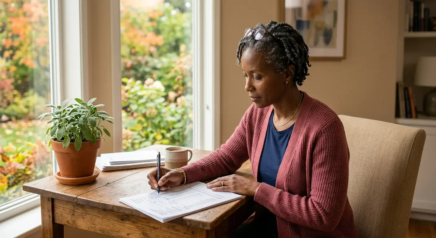 Woman preparing questions about her lipid panel and cardiovascular risk after menopause