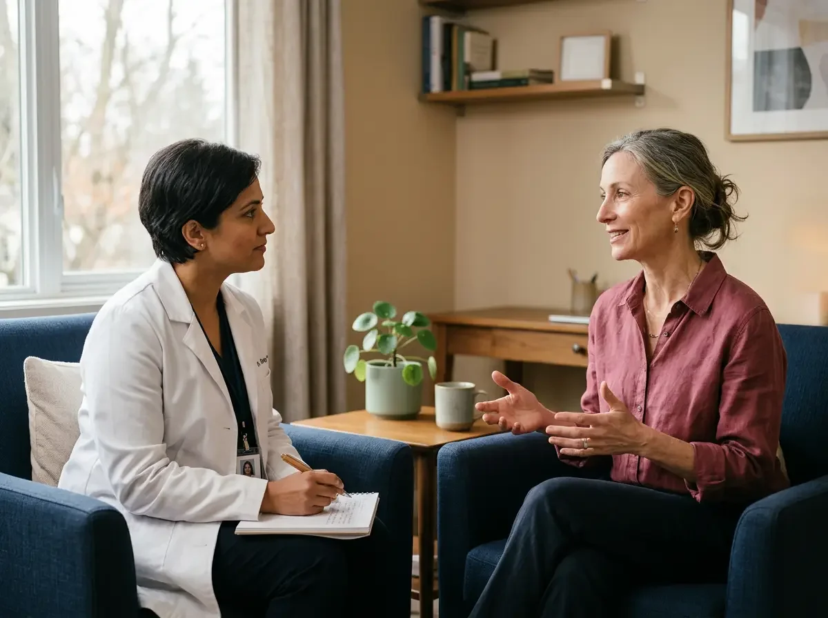 Woman discussing midlife hair thinning and thyroid evaluation with her physician in Horsham, PA