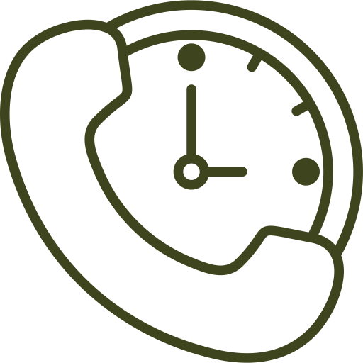 Outline of a traditional landline telephone with a clock showing 3:00, representing time or calling.