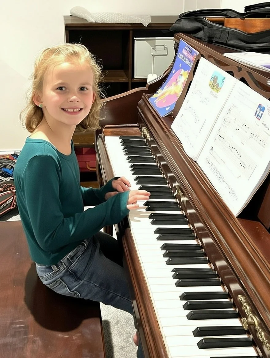 A young girl student with blonde hair sitting at a piano, smiling at the camera, with music sheets open on the piano's music stand.