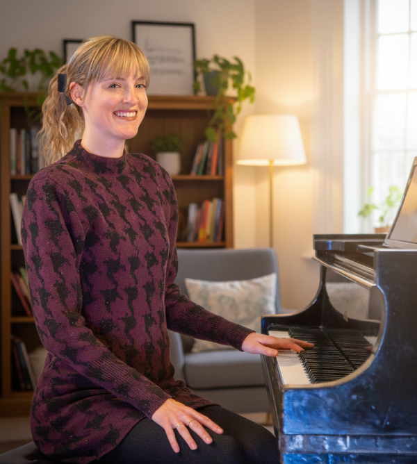 A Chicago area in-home violin instructor and piano teacher with blonde hair smiling and sitting at a black grand piano in a cozy living room.