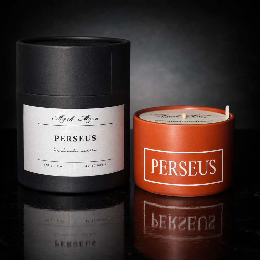 A black cylindrical candle jar and an orange candle jar with white labels both labeled 'PERSEUS', placed on a reflective dark surface with a dark gradient background.