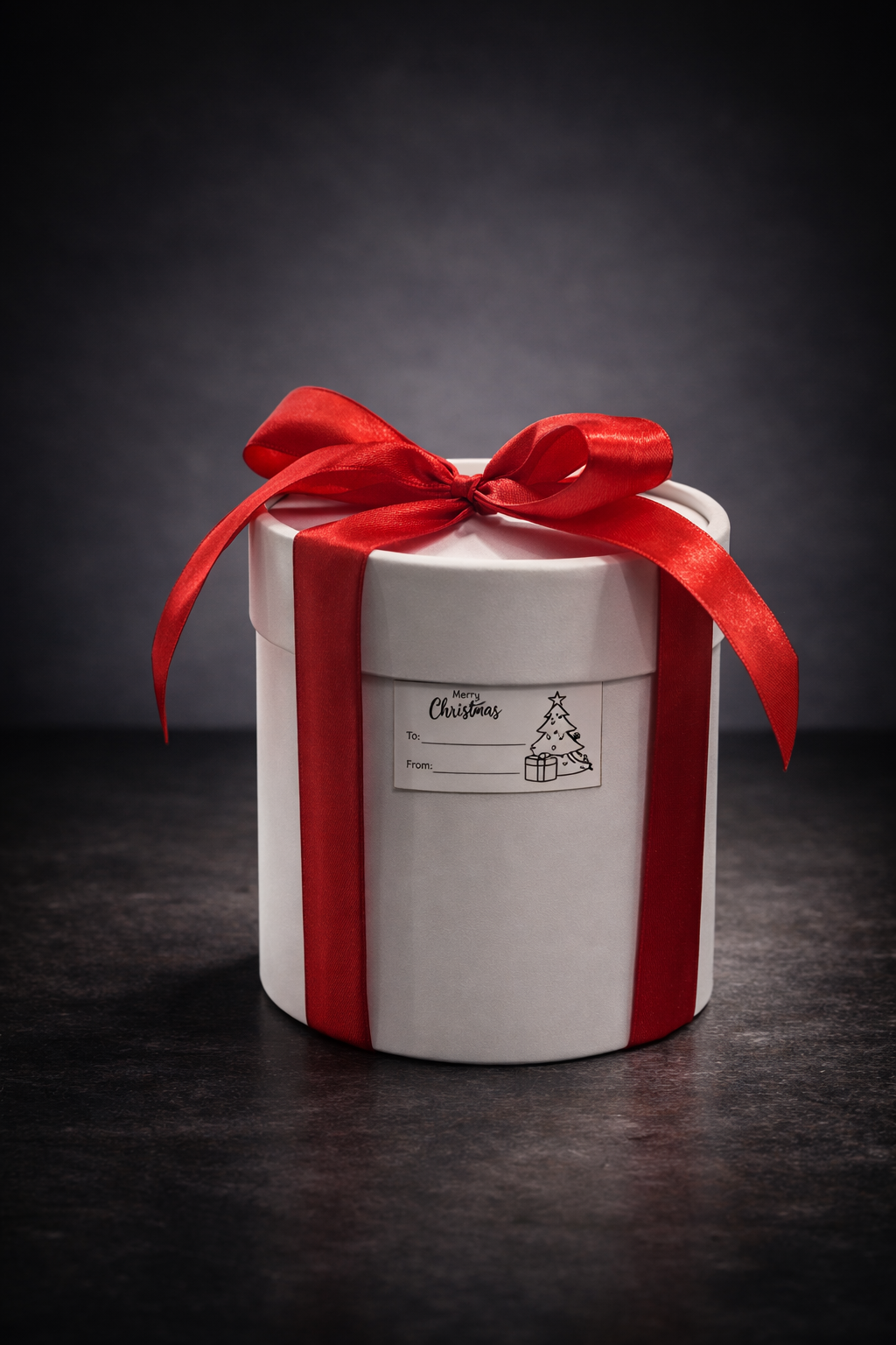 White cylindrical gift box with red ribbon bow on top, decorated for Christmas, with a label featuring a Christmas tree and a gift